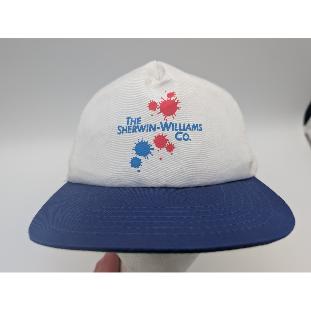 Vintage Sherwin-Williams Co Snapback Hat White Blue Paint Logo Trucker Cap